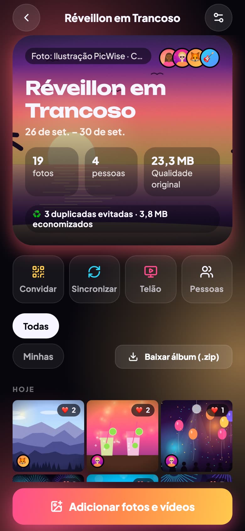O álbum aberto no celular, com as fotos de todos organizadas pelo dia